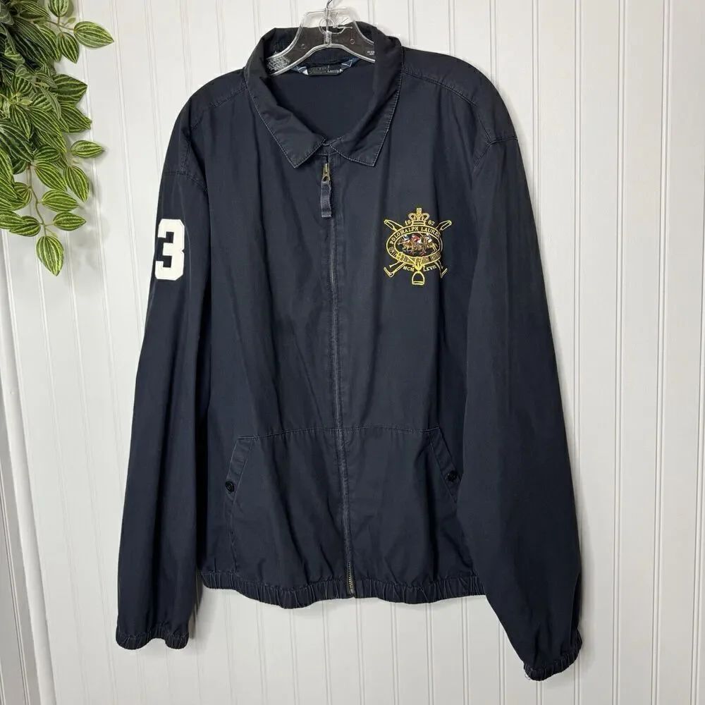 Vintage Polo Ralph Lauren Men’s 2XL Zip Collared Jacket Navy Blue Embroidered
